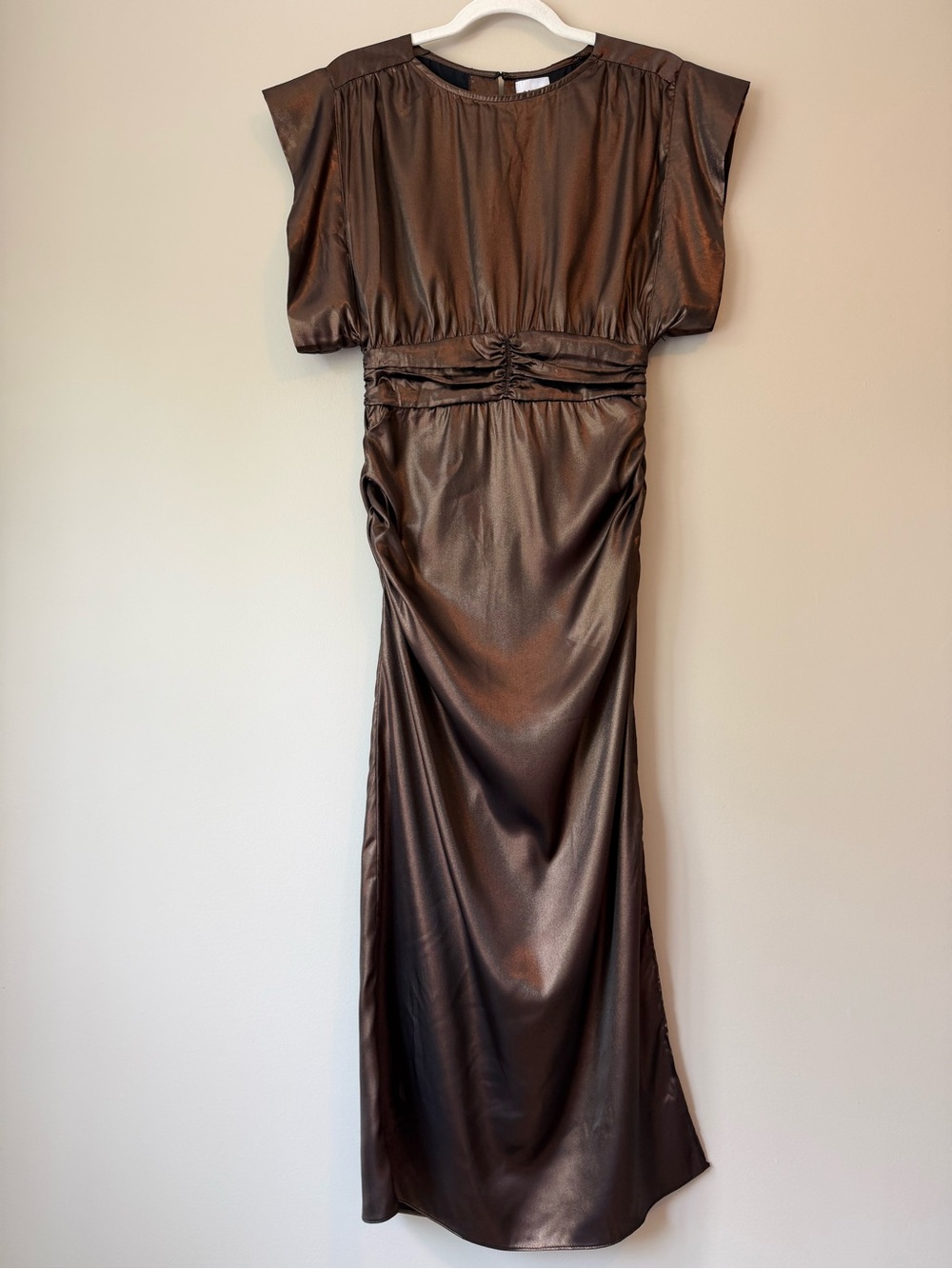 NWT MISA Los Angeles Bronze Metallic Ruched Maxi Dress Sz XS